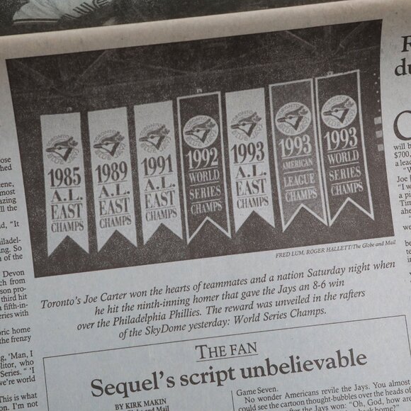Vintage 1993 Globe & Mail Newspaper Toronto Blue Jays Championship Game Baseball - Picture 6 of 6